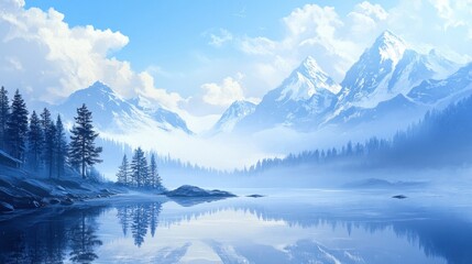 Serene Winter Landscape: Misty Mountains Reflecting on a Frozen Lake