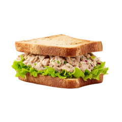 Western-style tuna sandwich presented under bright studio lighting with white transparent background focusing on moist filling, natural layers, and clean culinary composition