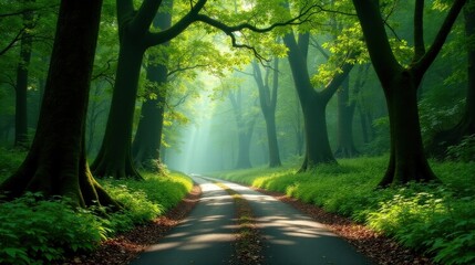 Fototapeta premium Sunlit Path Through a Mystical Green Forest with Lush Undergrowth and Tall Trees