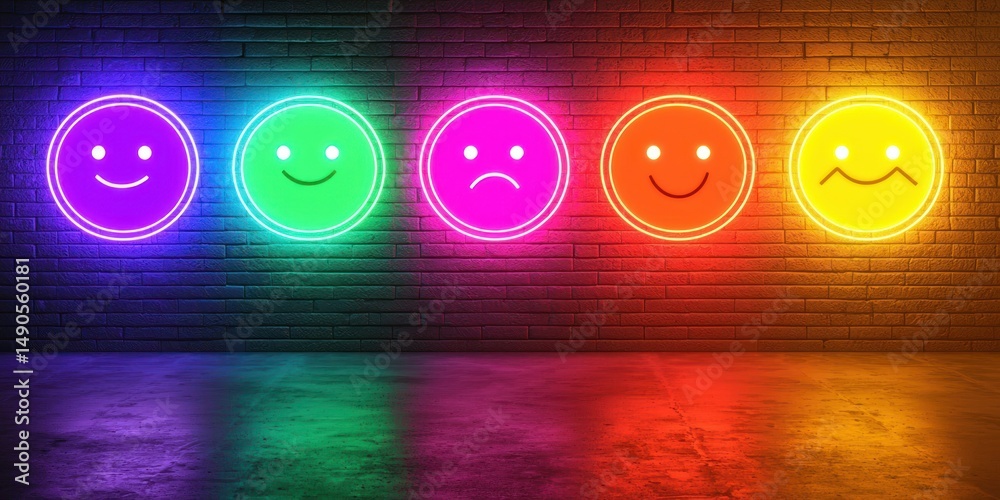 Sticker colorful neon feedback system showing user sentiment range stock photo