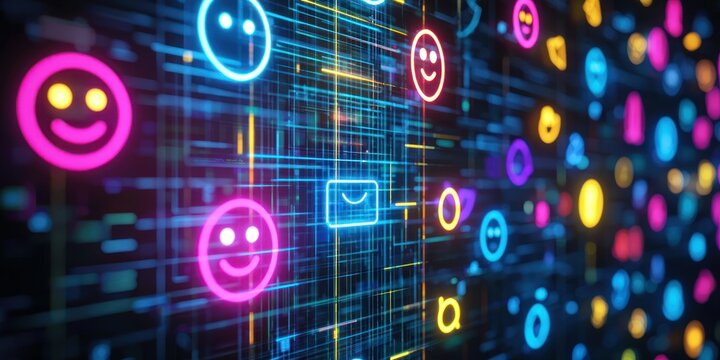 Colorful neon emojis glowing against modern digital background Stock photo