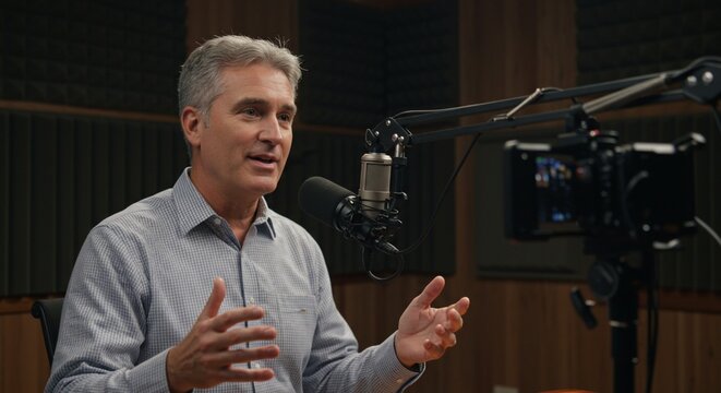 Mature presenter gestures during podcast recording studio setting audio setup digital details