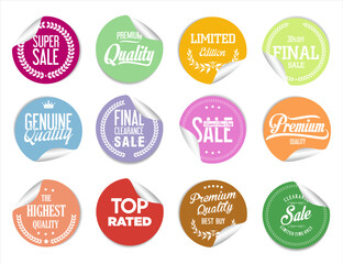 Collection of colorful promo stickers and badges isolated on white background 
