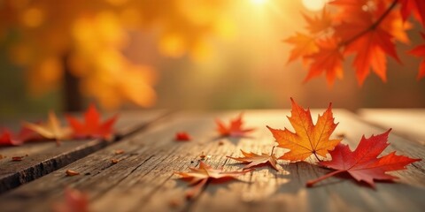 Autumnal foliage rests on rustic wooden surface, bathed in warm sunlight, creating a serene and peaceful autumn scene.