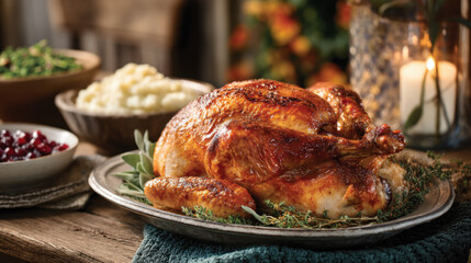 A beautifully roasted turkey on a platter, surrounded by side dishes like mashed potatoes and cranberry sauce, set on a rustic dining table with autumn-themed decor.