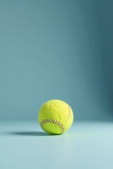 A lone softball rests gently on a light blue surface, casting a subtle shadow; a minimalist image perfect for sports-related projects or designs.
