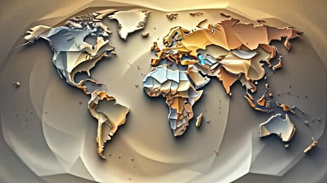 a world mapping design where shades gradate. the artwork creates an illusion of curvature, making the map seem almost spherical despite its flat representation.