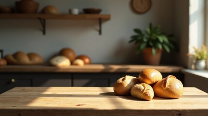 Golden-brown baked goods resting on a sunlit wooden table in a cozy kitchen setting