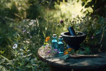 Sunlit garden scene with dark stone mortar, pestle, small blue glass bottles, and assorted wildflowers on rustic wooden table
