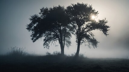 Obraz premium Two trees silhouetted against a foggy background with sunlight shining through the mist.