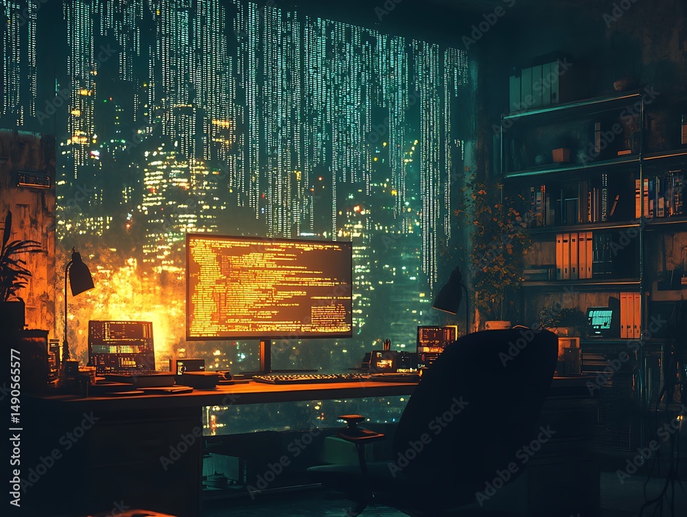 Poster cyberpunk developer space with luminous code streams in a futuristic city