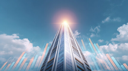 Modern skyscraper reaching towards sky with glowing light at its peak, surrounded by abstract financial graph elements symbolizing growth and success
