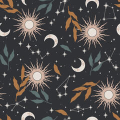 Vector seamless pattern with moon, sun, plants and stars. Mystical esoteric background for design of fabric, packaging, astrology, phone case, wrapping paper
