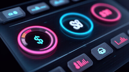 Futuristic financial interface with glowing neon elements, showcasing savings, expenses, and analytics in sleek digital dashboard. design emphasizes modern technology and efficiency