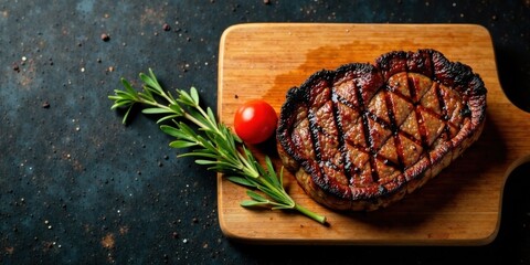 A Perfectly Grilled Steak on Wooden Board with Herb Garnish and Cherry Tomato