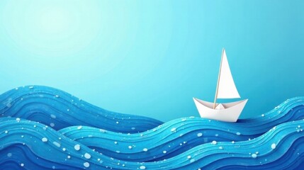 A Small Paper Boat Navigates Gently Rolling Ocean Waves, Serenity and Voyage Concept