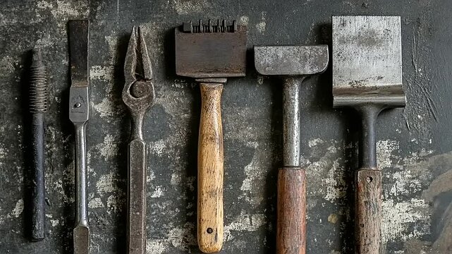 An Assemblage of Time-Worn Metalworking Implements Displayed on a Textured Surface