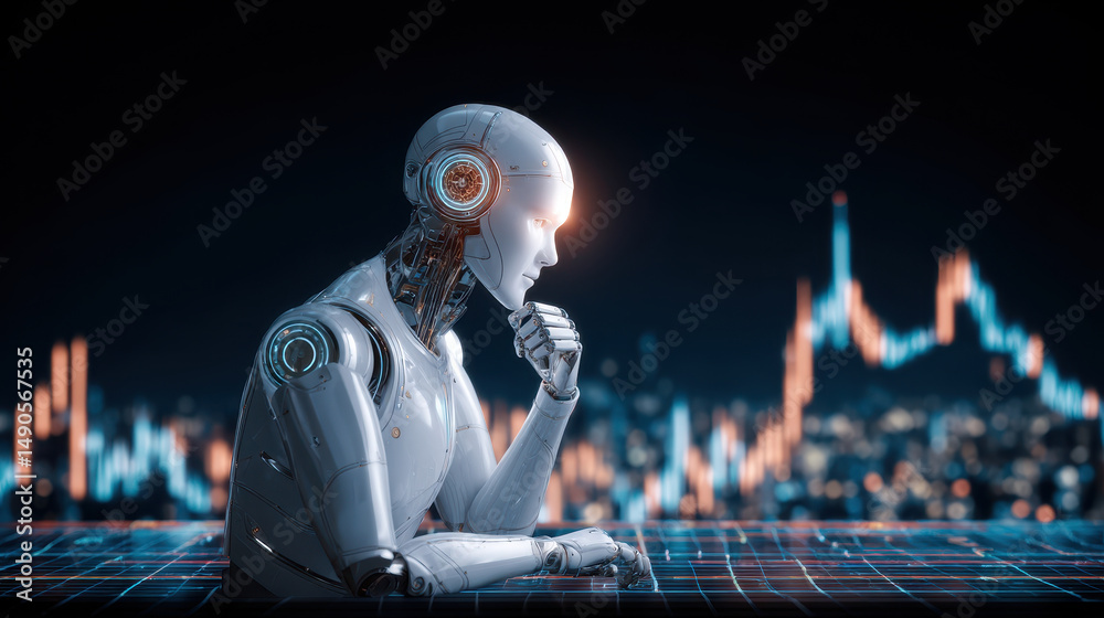 Poster futuristic robotic ai trader analyzing stock market data on digital interface, with glowing financia