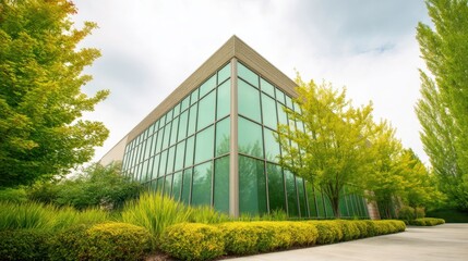 Obraz premium Modern Commercial Building with Green Glass Facade Surrounded by Trees