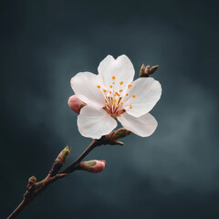 Obraz premium Single cherry blossom against dark moody background, showcasing delicate petals and vibrant buds, creating serene and elegant atmosphere