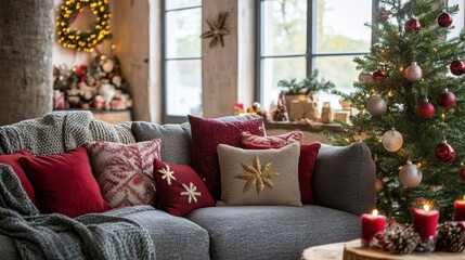Cozy living room decorated for Christmas with ornamented pillows on a sofa and adorned tree