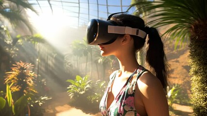 A person engages in a captivating virtual reality experience surrounded by lush plants and foliage, illuminated by soft natural light - Powered by Adobe
