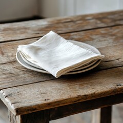 Rustic Table Setting:  Cream Linen Napkin on Stacked Plates