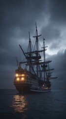 Fototapeta premium Stormy Seas Galleons Night Voyage.