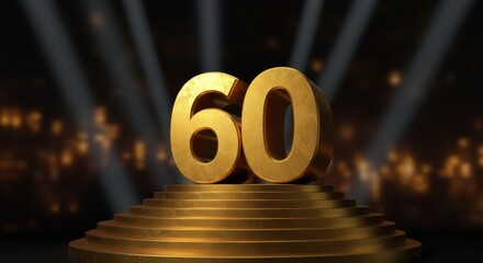 Golden sixty anniversary on shining podium, spotlights illuminate background