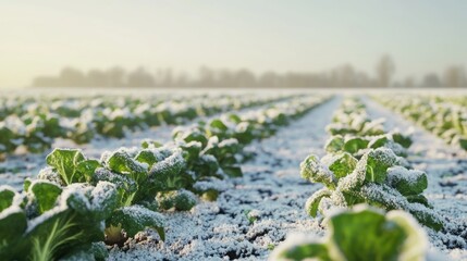 Frozen Green Leafy Vegetables in a Winter Field