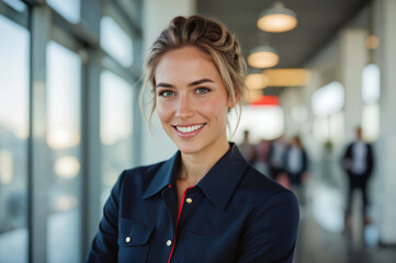 Flight Attendant Portrait - Professional Woman in Navy Blue Uniform with Friendly Smile for Airline Staff Recognition, Flight Attendant Day Campaigns, and Aviation Industry Content