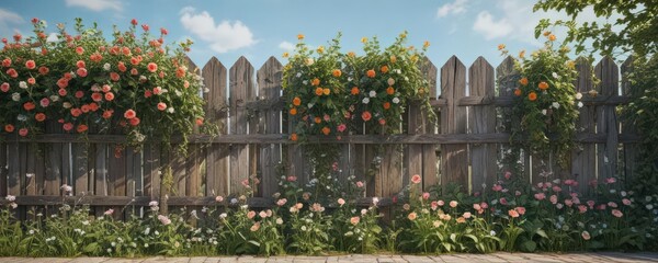 Overgrown distressed wooden fence, climbing vines, blooming flowers, vintage border , image, stock photo