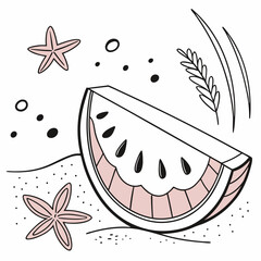 Summer watermelon slice with starfish and beach elements