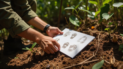 Wildlife Ranger Examining Animal Tracks – Field Forensics Investigation Notebook with Paw Print Records for Conservation Efforts, Anti-Poaching Campaigns, and World Ranger Day Awareness