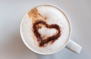 White cup with a chocolate powder heart on the milk foam of the coffee. On light background. Viewed from above, focus on the foam. Cappuccino