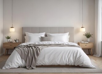 Crisp white bedding on king-size bed, Scandinavian minimalist bedroom design ,  linens,  simple,  clean