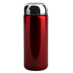 Fototapeta premium Shiny red thermos bottle with silver lid, designed for hot or cold beverages, standing upright plain background, conveying