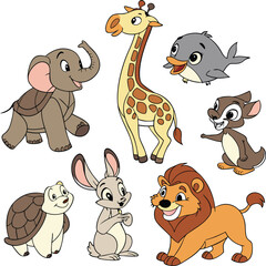 Naklejka premium Cartoon Animals Elephant, Giraffe, Turtle, Bunny, Lion, Penguin, Kangaroo