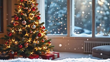 a festive backdrop features an elegantly decorated xmas tree as a blurred background with sparkling lights and bokeh effects, conveying a joyous holiday mood