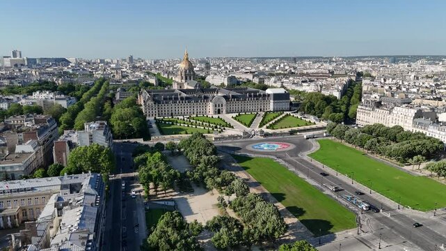 Des Invalides Museum At Paris Ile De France France. Medieval Building In A Bustling City Viewed From Above. Business Sky Downtown Cityscape. Backgrounds Panning Wide. Paris ile de france.