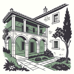 Mediterranean house courtyard garden architectural illustration