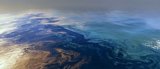 Eye-level shot of A large oil spill spreading across the surface of the ocean.