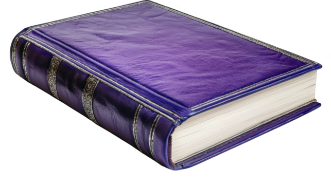 Purple leather bound book with ornate detailing lies closed, showcasing its elegant design