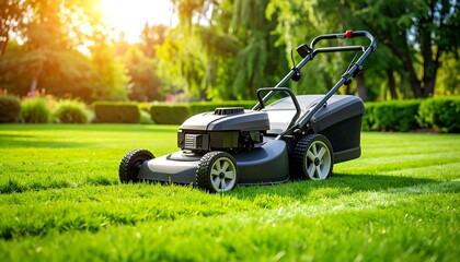 Fototapeta premium Lawn Mower on Lush Green Grass in a Sunny Garden