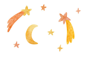 Fototapeta premium Isolated stars object, moon and comets. Hand drawn watercolor illustration.
