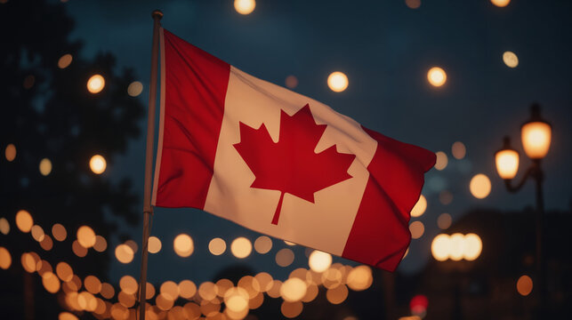 Canadian Flag with Bokeh Lights at Dusk – Red and White National Symbol Against Evening Sky for Canada Day Celebrations, Patriotic Events, and National Holiday Imagery
