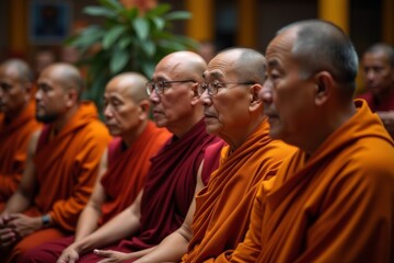Obraz premium A Varied Group of Senior Monks and Practitioners Engaging in a Buddhist Meditation Ceremony