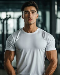 Fitness Enthusiast: Muscular man in a white tee at the gym, showcasing dedication to a healthy lifestyle.