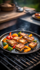 Spicy paneer tikka sizzling on a charcoal grill with colorful bell peppers