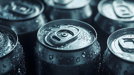 Close-up of metallic cans with water droplets, emphasizing a refreshing beverage theme.